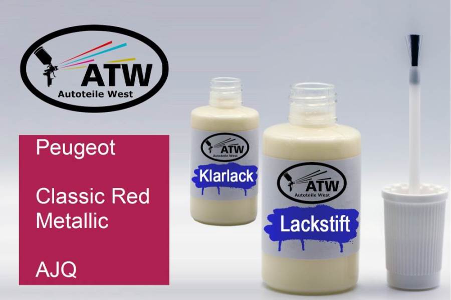 Peugeot, Classic Red Metallic, AJQ: 20ml Lackstift + 20ml Klarlack - Set, von ATW Autoteile West.